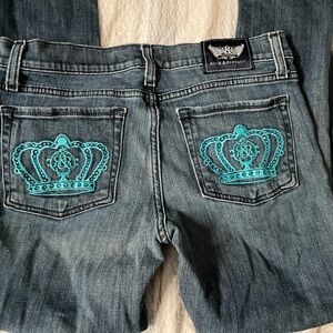 y2k lowrise flare jeans with design in pockets